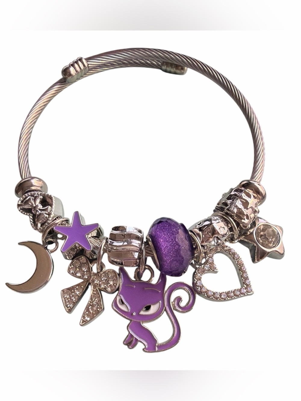 Purple Cat Charm Bangle Bracelet